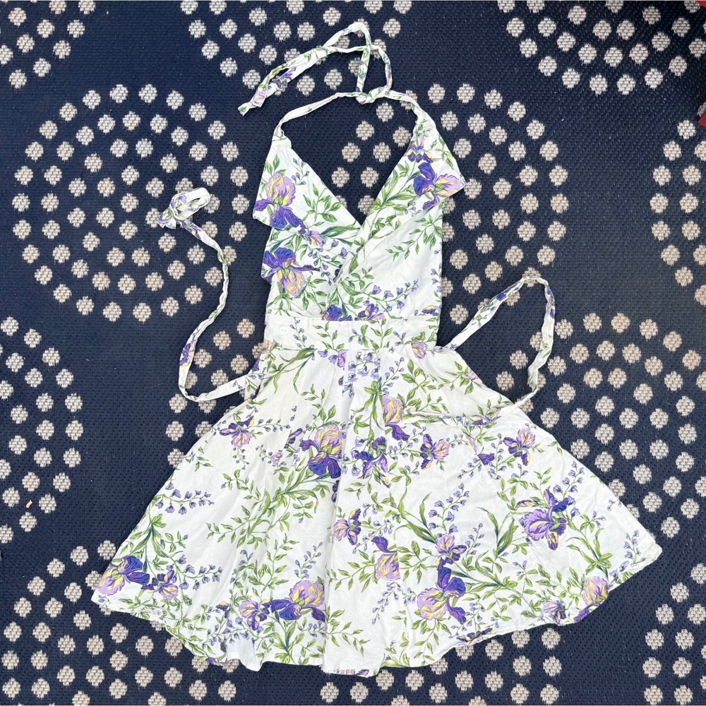 April Cornell Shawl Collar Purple Iris Print‎ on Ivory Apron